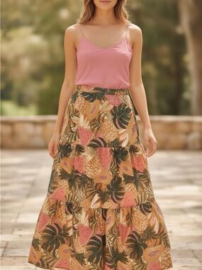 Tiered Maxi Skirt in Pink Tropical Fruit Print